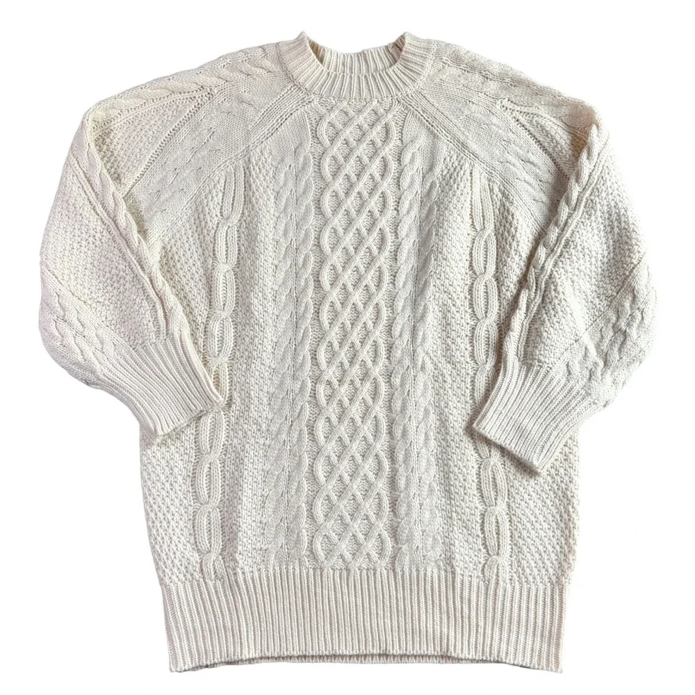 Cream Cable‎ Knit Oversized Crewneck Sweater XL Unisex Fisherman Chunky